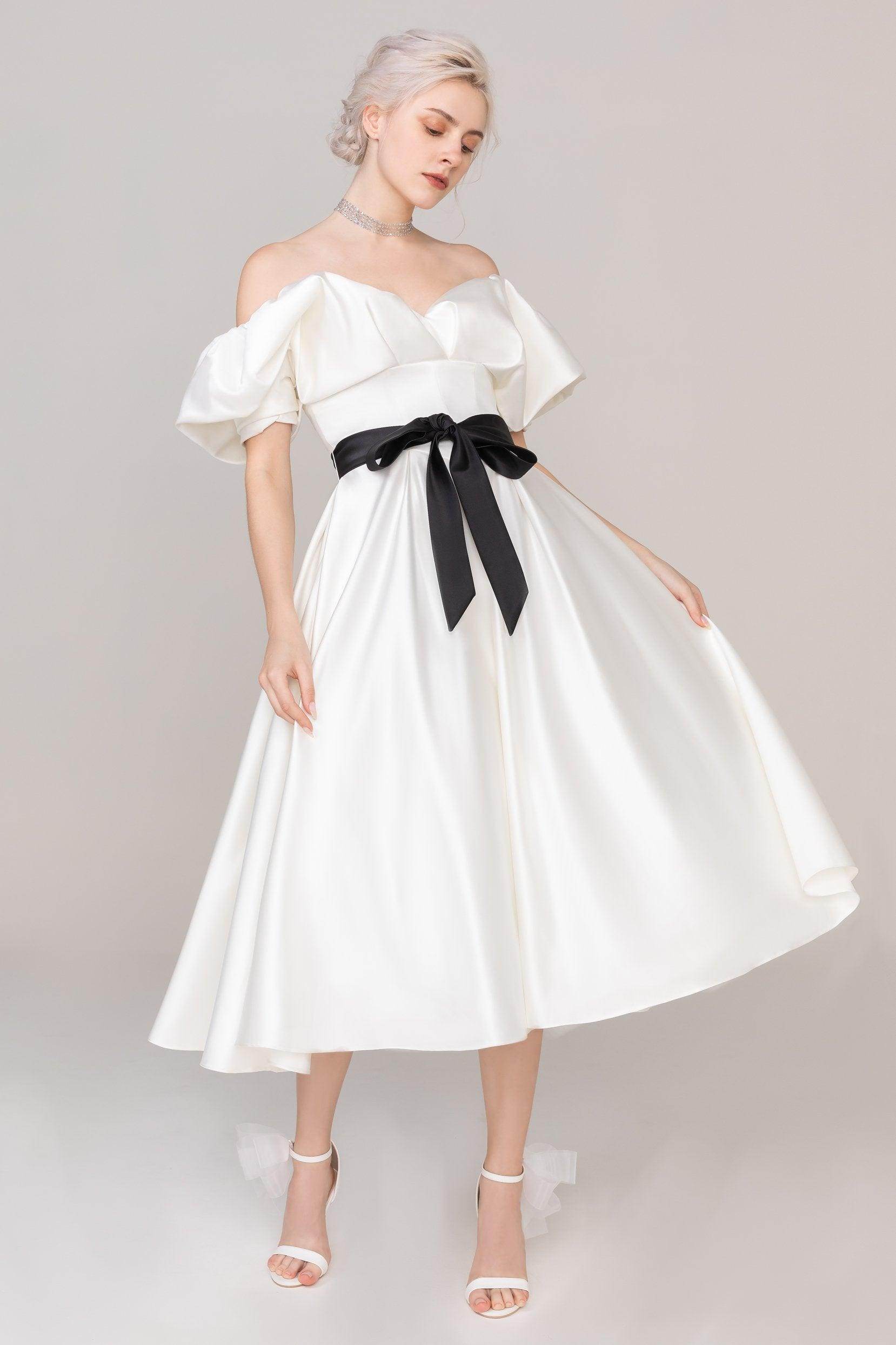 A-Line Tea Length Satin Wedding Dress CW2407 - COCOMELODY